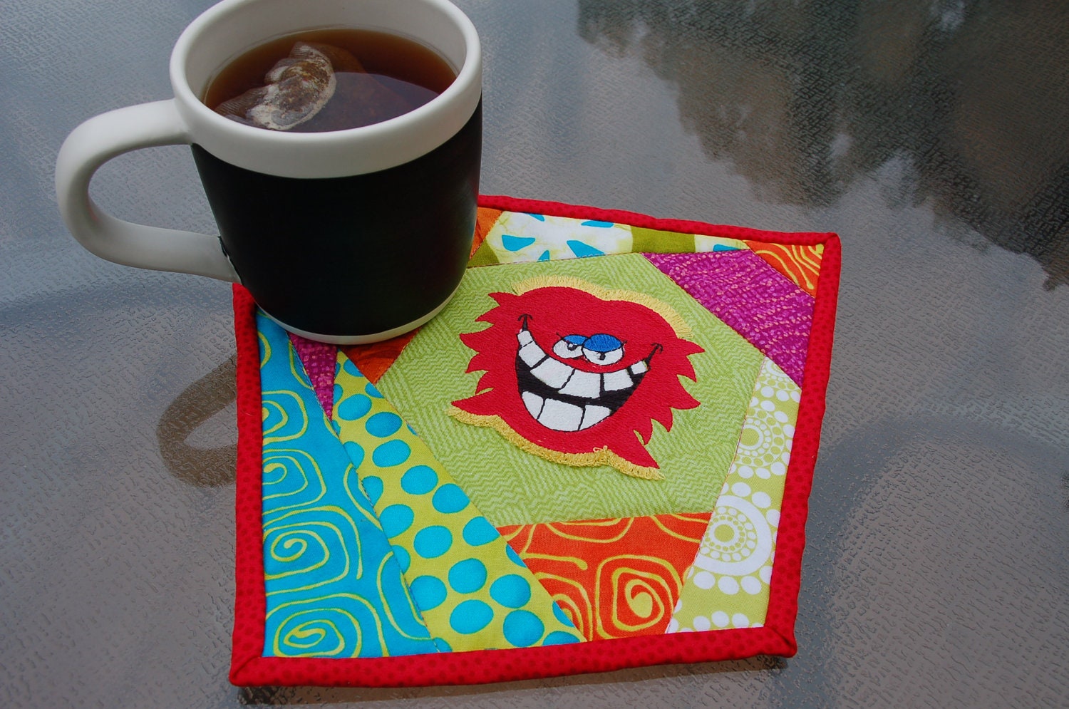 Mini Quilt/Mug Rug with Embroideried Fringed Dr. Teeth Monster just in time for Halloween