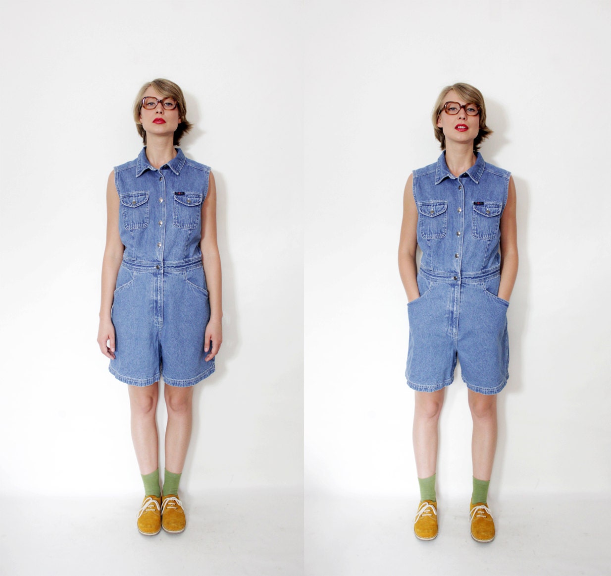 Vintage romper / 90s blue denim jumpsuit /size M
