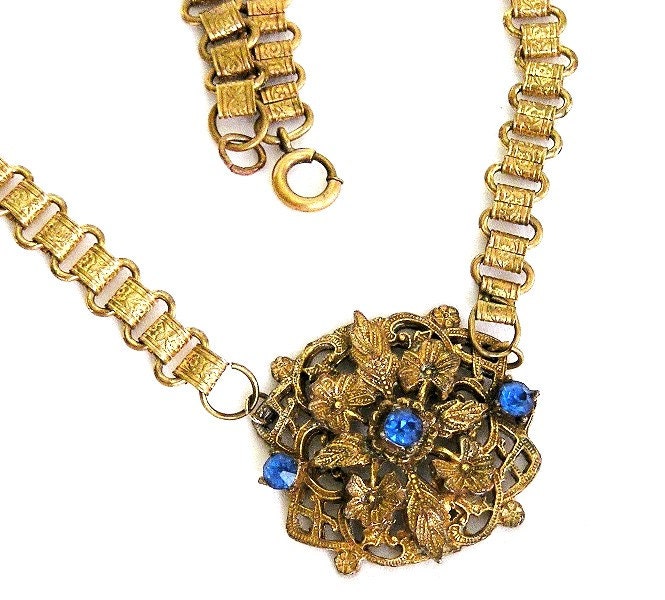Czech Blue Rhinestone Bookchain Necklace