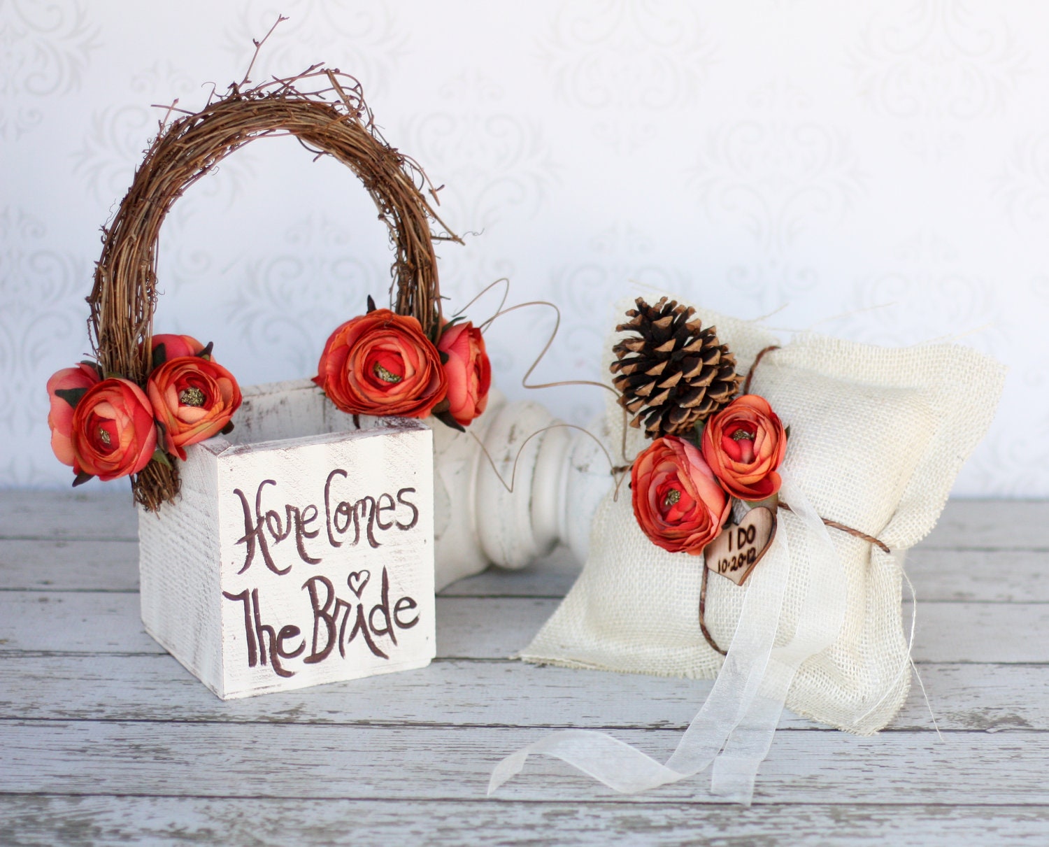 Fall Flower Girl Basket AND Ring Bearer Pillow SET Rustic Wedding (item B10639)