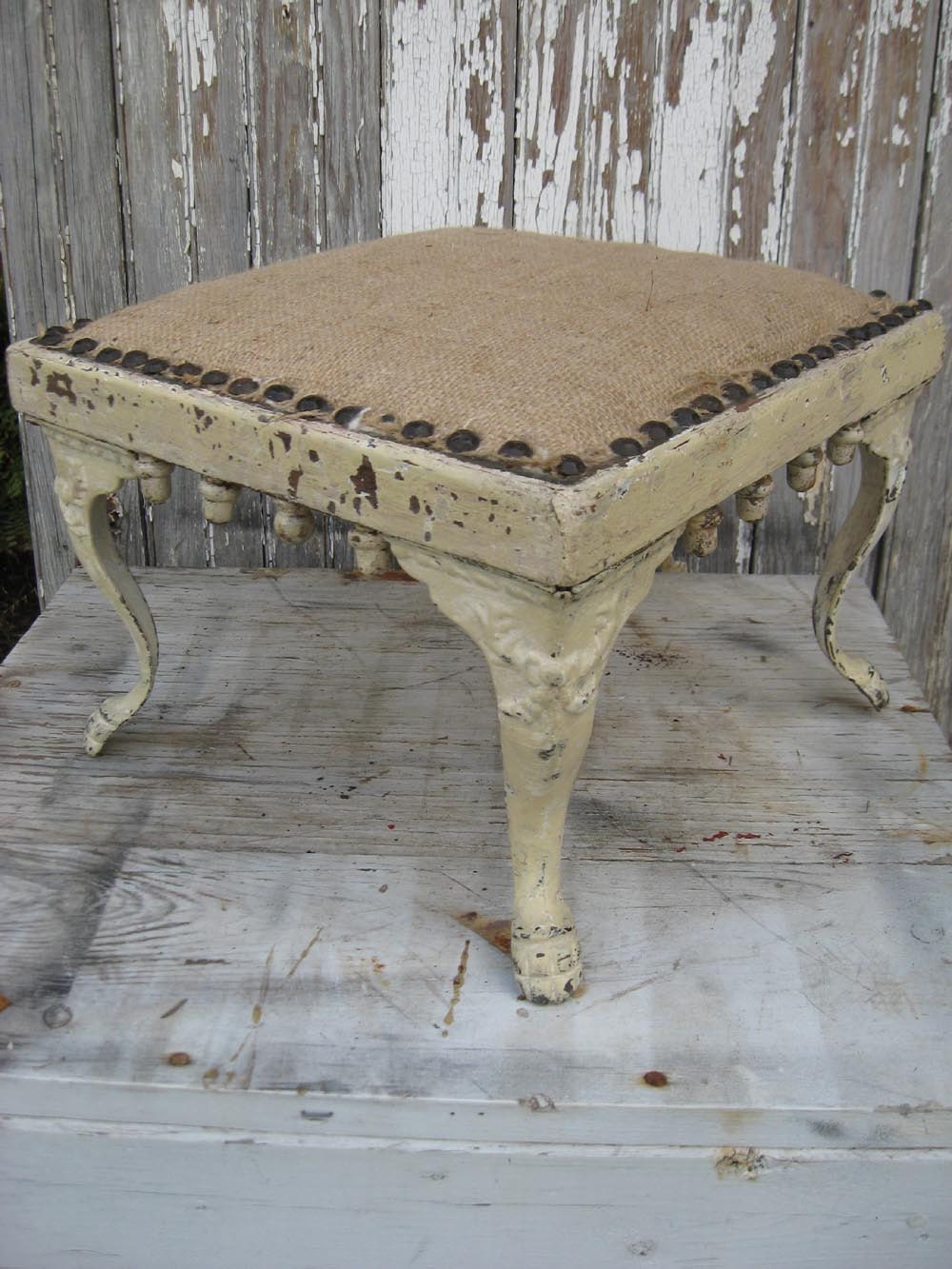 Antique handmade STOOL with BURLAP seat and original CHIPPY ivory paint
