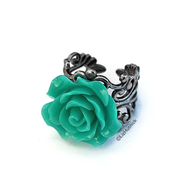 Teal Rose Ring. Filigree Ring. Cocktail Ring