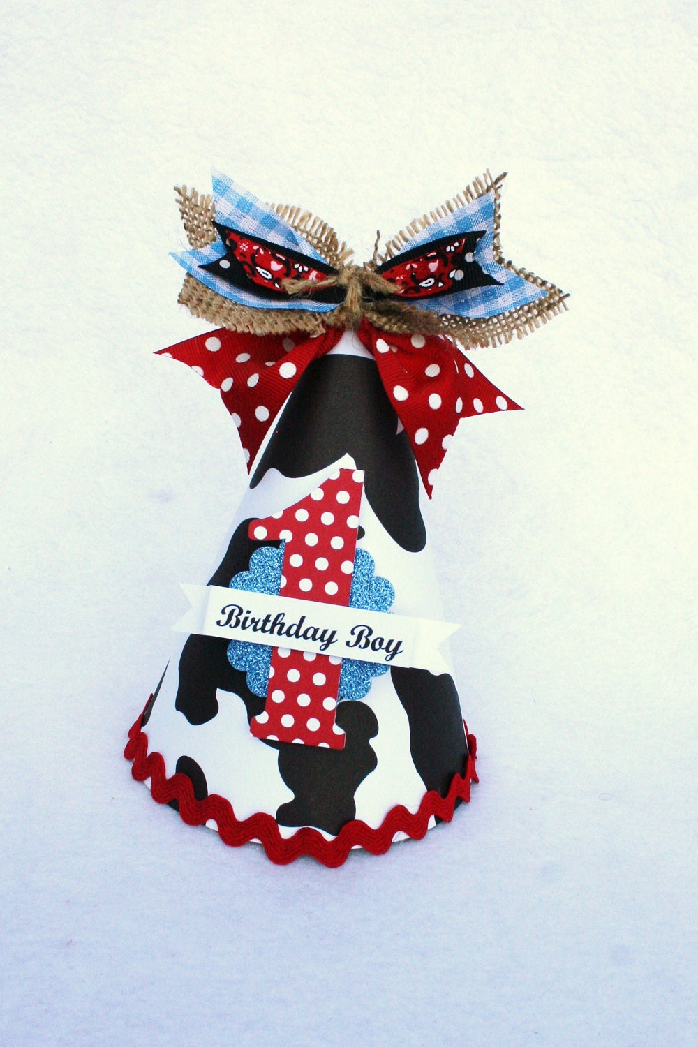 Little Cowboy Party Hat in Black White Red and Blue polka dot cow print