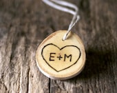 Love Heart Ornament - Wood Burned Heart - Tree Carved Initials- Rustic Wedding Favor - Anniversary