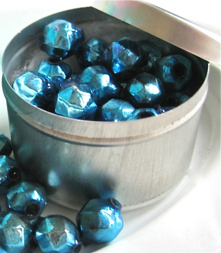 25 vintage blue mercury glass beads faceted, mercury christmas beads, blue christmas beads,