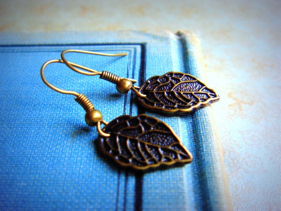 ON SALE - Simple. Sweet. Petite Leaf - Earrings - Antiqued Brass Charms