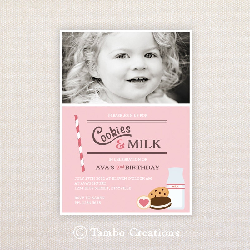 Girls Birthday Party Invitations. Milk and Cookies. I Customize, You Print. Il_570xn