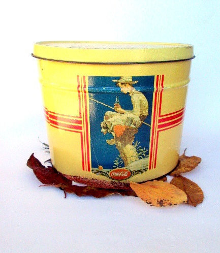 Vintage CocaCola Tin, Large, illustrated, Boy Eating With Dog, Fishing Pole, Yellow, Victorian Family cr. 1978,          I Take CREDIT CARDS