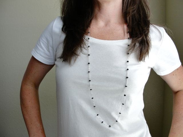 Long Silver Necklace: Beaded, Chain, Black, Layering, Station, Spinel Gemstone, Fashion Jewelry
