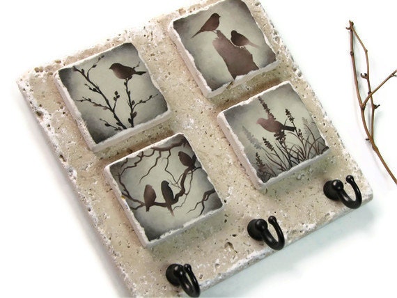 Natural Stone Tile Key Rack, Bird Art Key Hoo, Brown Home Decor, Wall Key Holder, Nature Art, Silhouette