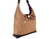 Pleated and Curved Camel Polka Dot Shoulder Bag with Purple Lining