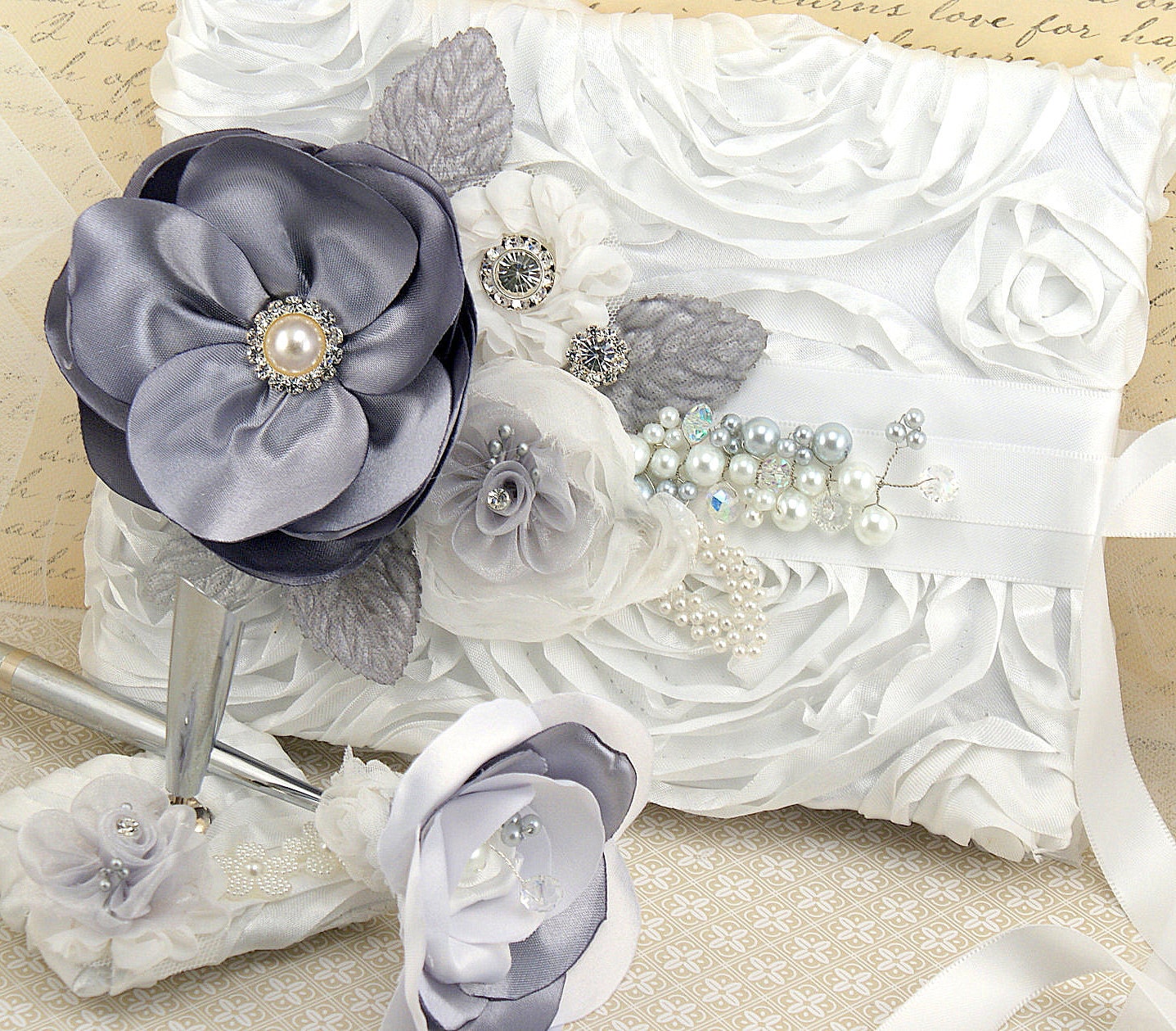 Wedding Guest Book and Pen Set in White and Silver