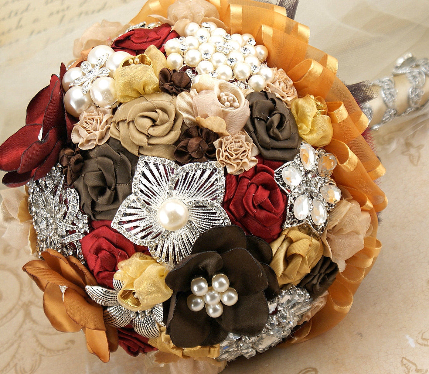 Brooch Bouquet Jeweled Bouquet in Chocolate Brown, Cocoa, Garnet Red and Gold