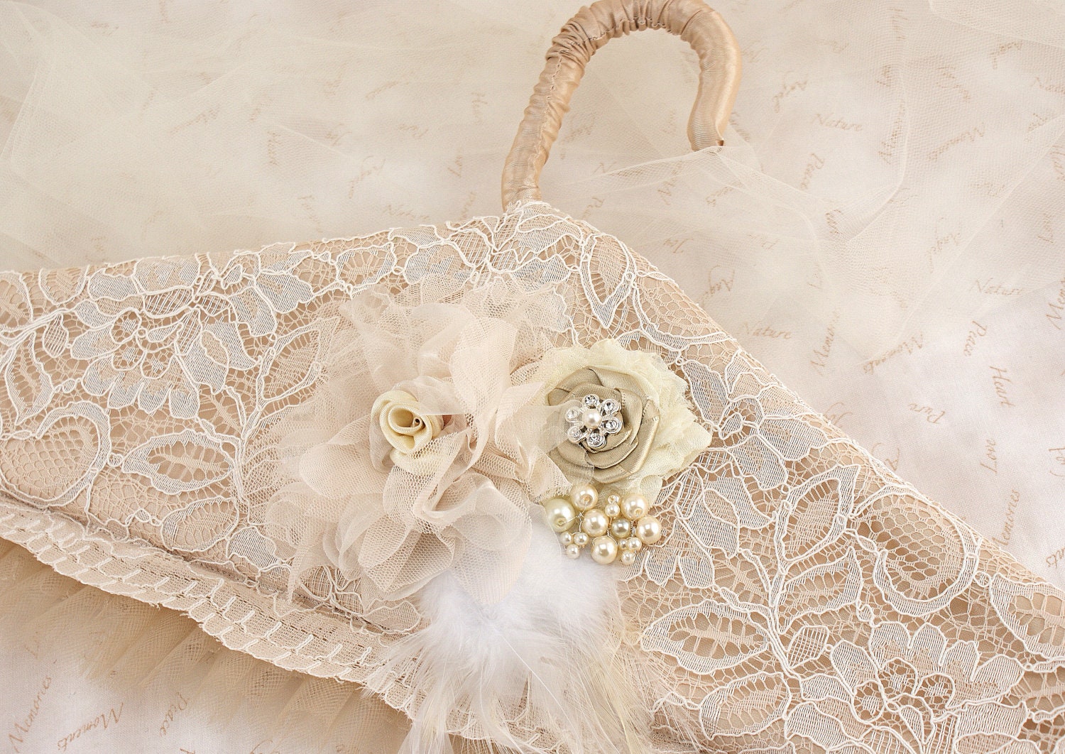 Bridal Hanger Wedding Dress Hanger in Ivory and Champagne with Pearls, Feathers and Lace- Vintage Desire