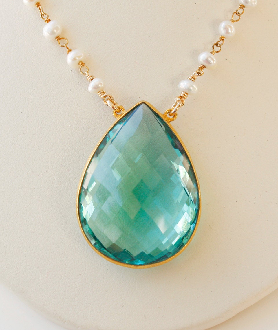 Teal Quartz and Freshwater Pearl Heirloom Necklace - Antoinette Inspired, Sage green - Rainbow Moonstone