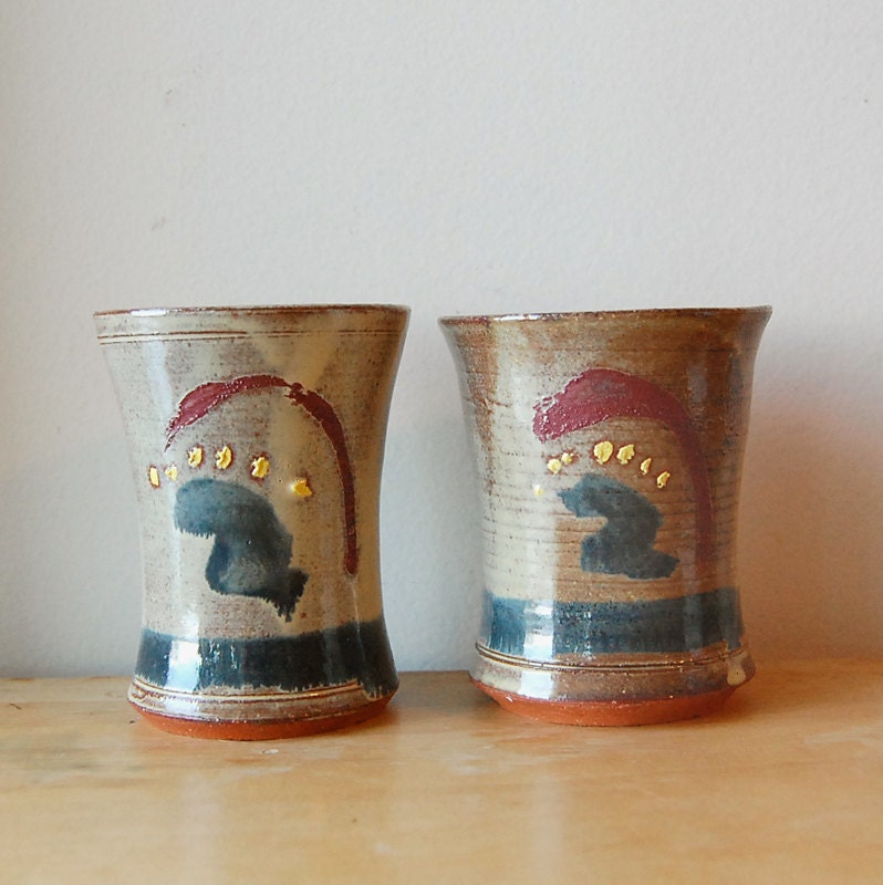 Unique Handmade Ceramic Wheel Thrown Pair of Coffee or Tea Organic Mugs or Cup with Wonderful Line and Dot Star Sky Design.