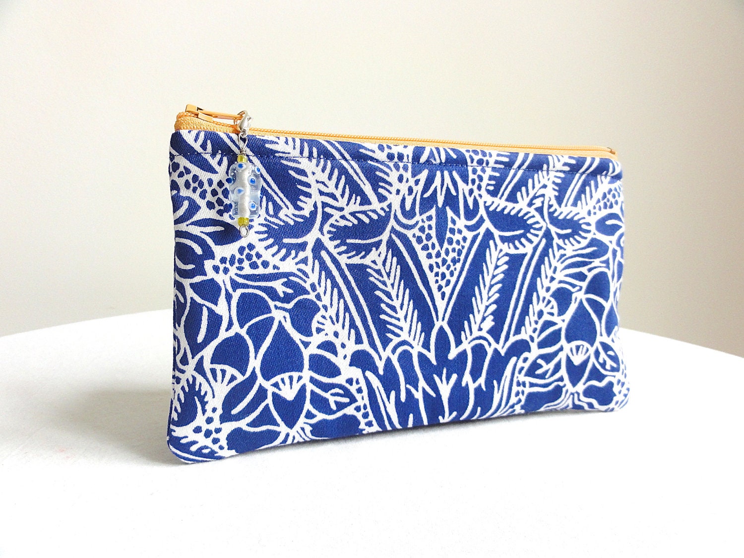 Cobalt Blue and White Clutch / Zippered Bag / with Beaded Pull - KellysKeepsakes