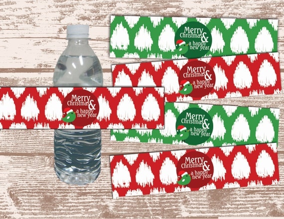 PRINTABLE PDF Christmas Ikat Birds Water Bottle Wrappers Red and Green Il_570xn