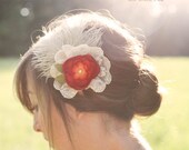 Autumn orange flower and lace headpiece   - Hair clip -ivory  feather