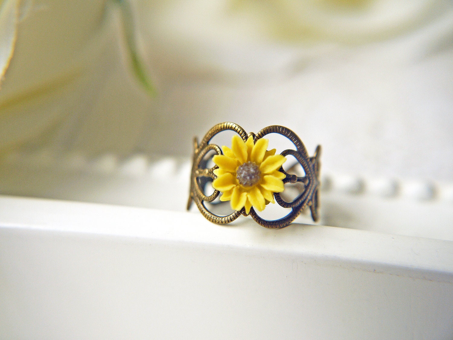 I Heart Sunflower Ring. Bright Yellow Sunflower. Available In Antique Brass