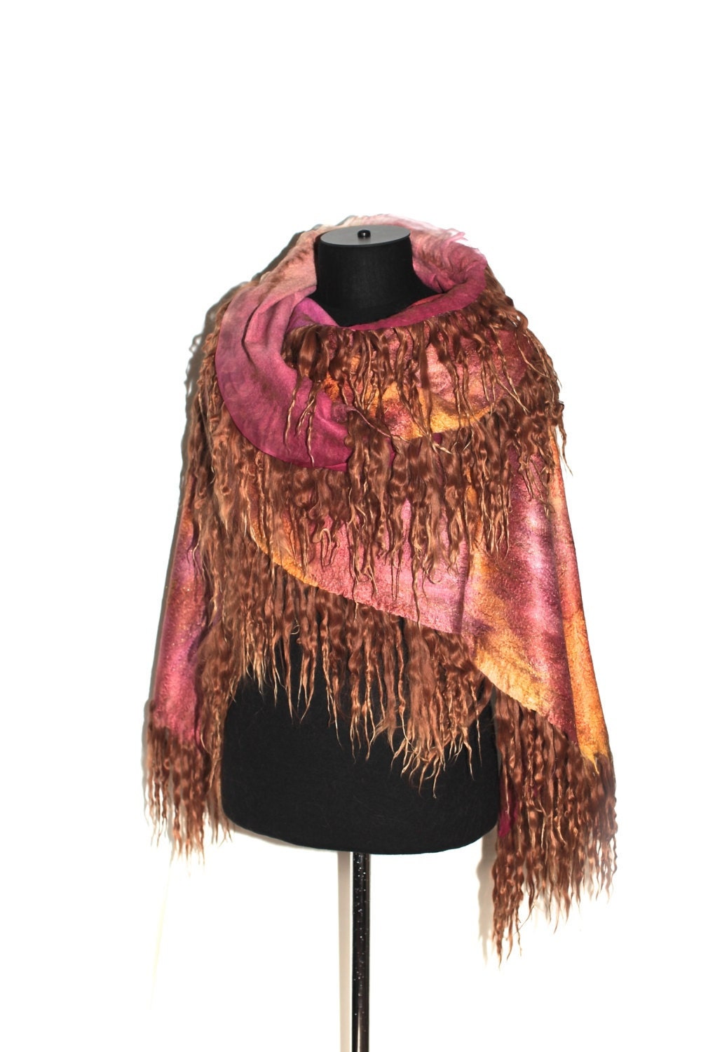 Nuno Felted Scarf Wrap Fur Free Ahimsa Very Long Merino Wool Silk Baby Alpaca Wrap Ochre Color OOAK