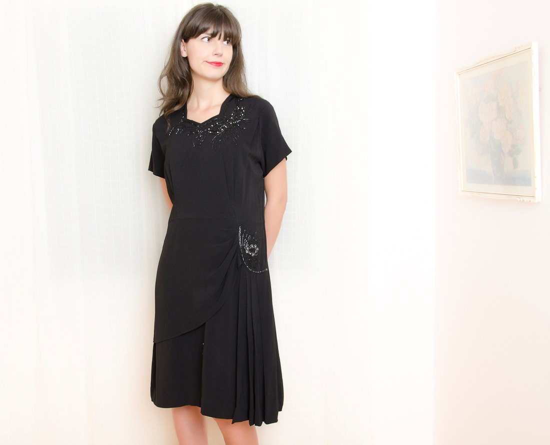 Reserved - Vintage 1940s Dress - 40s Cocktail Dress - Beaded Black Rayon Dress - L / XL
