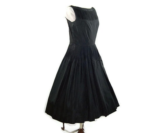 1950s taffeta dress, 50s black cocktail dress, crystal pleats, full sweep skirt, size S, by Minx Modes