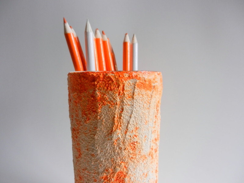 Rustic pencil holder / orange office decor / made to order / orange and white /  painted pencil cup - CarriageOakCottage