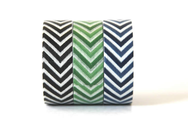 V Chevron Washi Tape Green, Black, Navy Blue SET of 3 (Chugoku)