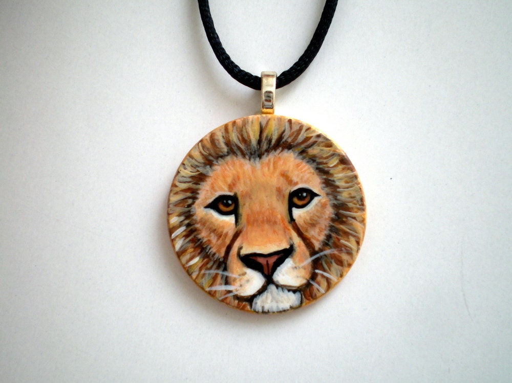 Lion Necklace , Hand Painted wild life animal pendant ,  wooden jewelry  gift under 50