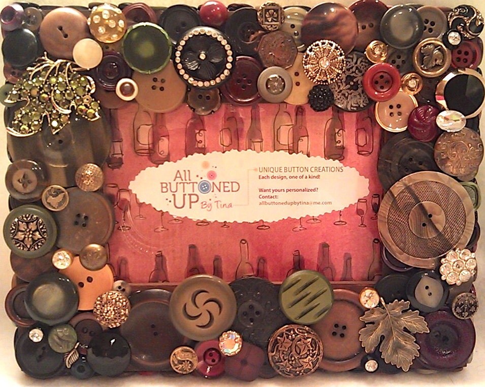 Wine Themed Button Picture Frame In Browns, Blacks, Olive and Burgundy for 4"x6" photo