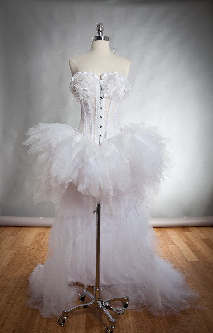 Size Medium White lace and tulle Burlesque Corset Dress short in the front long train in the back Read To Ship