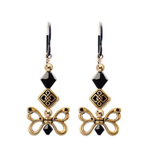 Celtic butterfly earrings with gold finished pewter swarovski crystal and black niobium earwires