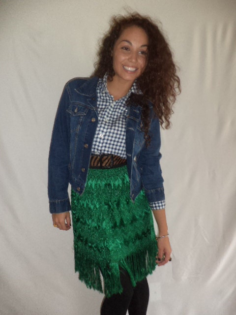 CLOSING SALE   handmade high waist silk green fringe vintage indian fabric one of a kind  elastic waist  skirt size xs sm med or lrg