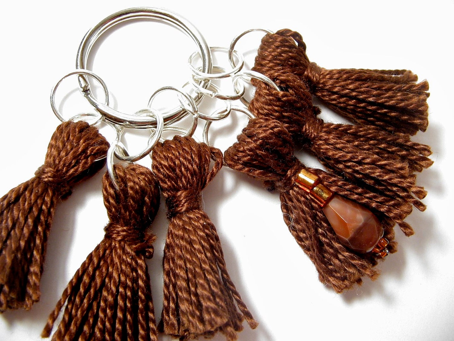 Dark Brown Stitch Markers Tassels Set with Stone Beaded Row Marker