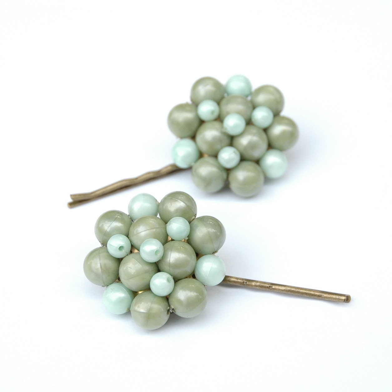 Upcycled Vintage Green Beaded Cluster Earring Hair Pins - SquishyBee