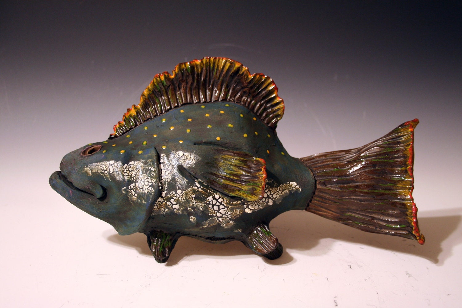Hand Made blue and yellow Ceramic Fish decorative sea life art wall hanging sculpture