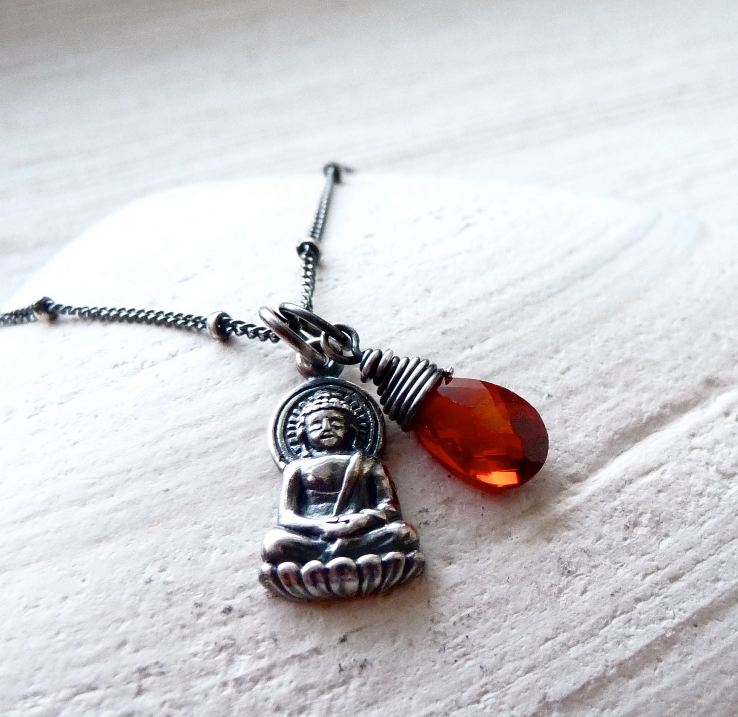 Buddha Necklace, Yoga Jewelry, Sterling Silver Buddha Charm, Garnet Cubic Zirconia, Spiritual Jewelry, Sterling Silver Necklace