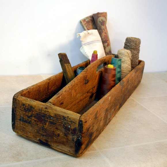 Rustic Wood Tool Caddy / Vintage Tote by ConceptFurnishings
