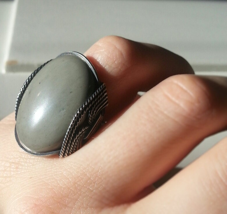 Grey Stone Ring Natural Jasper Bold Jewelry by HardCandyGems