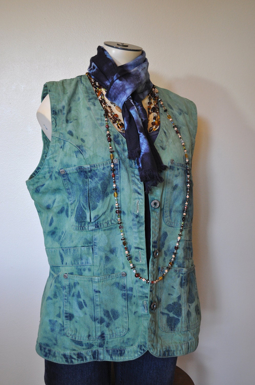 Dyed Denim VEST  - Kelly Green Hand Dyed Upcycled Bill Blass Denim Vest - Size Large (40" chest)