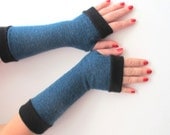 Fingerless gloves  blue  with black cuffs  CASHMERE WOOL FABRIC