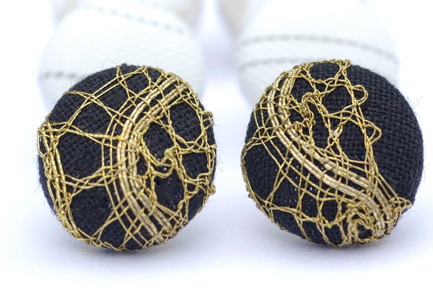 Surgical Stainless Steel Earrings, Black and Golden Lace Earrings, Fabric Covered Button Earrings, Button Earrings, Elegant Studs