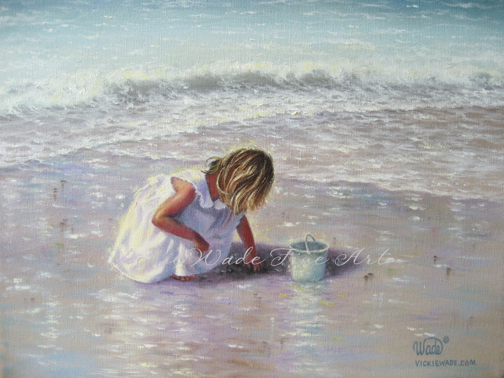 Finding Sea Glass Print - girl on beach, beach paintings, beach girl, shelling, Vickie Wade art
