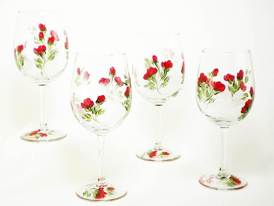 Hand Painted Wine Glasses - Classic Red Roses, Climbing Rose Design, Set of 4, 12 oz - Mothers Day Summer Fall