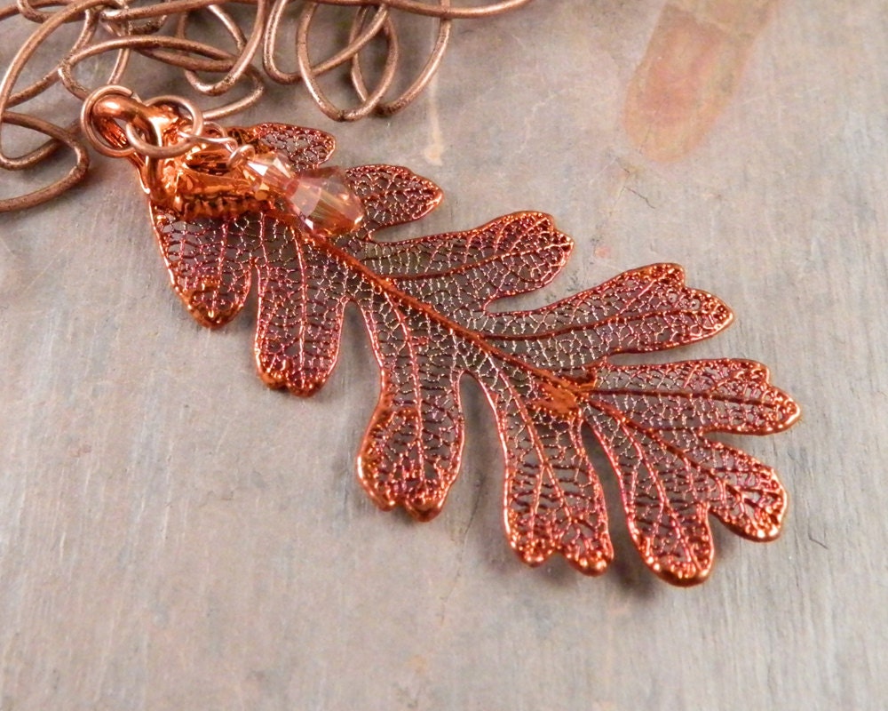 Copper Oak Leaf Pendant on Long Chain, Oak Leaf on 30" Chain, Copper Leaf Pendant Necklace