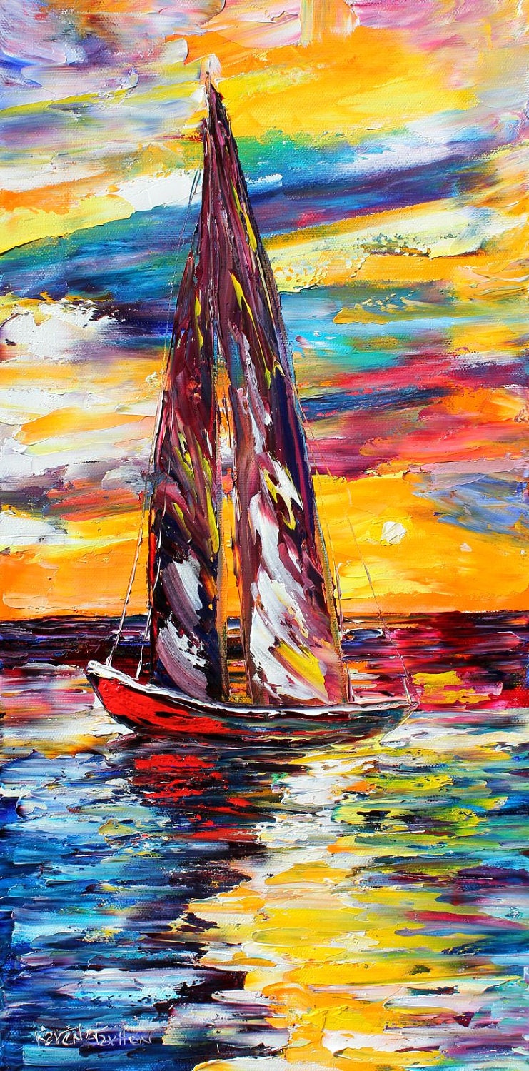 Original Sunset Sail Boat modern palette knife painting impressionism oil on canvas fine art by Karen Tarlton