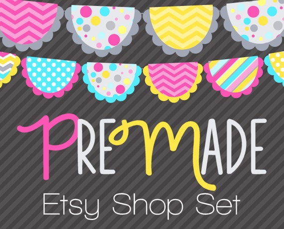 Party Buntings on Gray Stripes - Premade Etsy Set Il_570xn