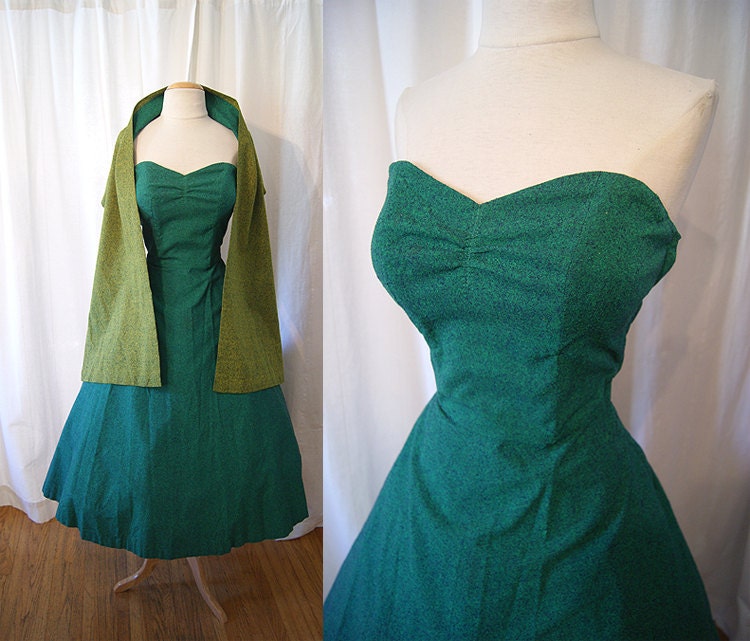 On hold Stunning 1950's Mexican new look flecked emerald green cotton strapless dress w/ matching reversible shawl bombshell - size Medium