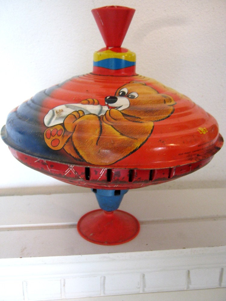 Vintage spinning top metal toy LBZ Western by vintageboxofdelights